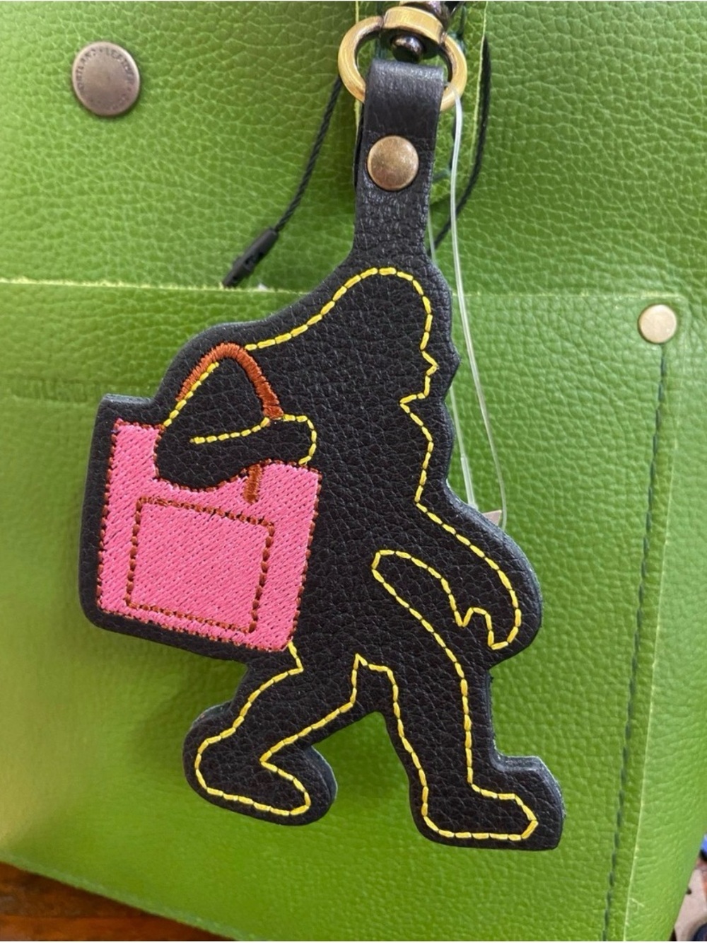 Portland Leather Black Sasquatch Keychain Charm with Pink Bag Accent - NEW